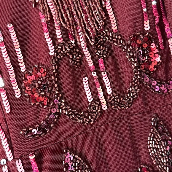 AIDAN MATTOX Beaded Fringe Sequined Tulle V-Neck Sleeveless Scallop Hem Dress 2 - Picture 8 of 9